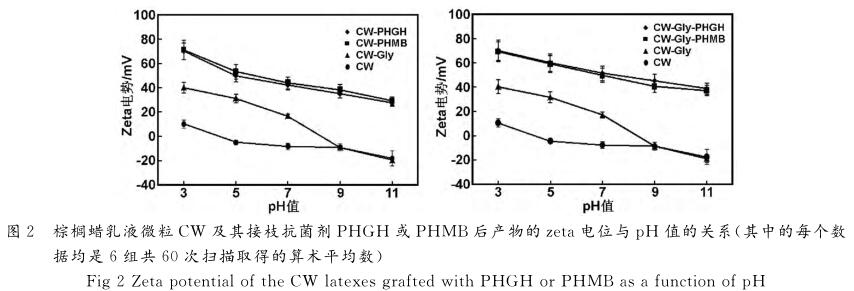 棕櫚蠟乳液微粒ＣＷ 及其接枝抗菌劑ＰＨＧＨ 或ＰＨＭＢ后產(chǎn)物的ｚｅｔａ電位與 ｐＨ 值的關(guān)系（其中的每個(gè)數(shù) 據(jù)均是６組共６０次掃描取得的算術(shù)平均數(shù)）