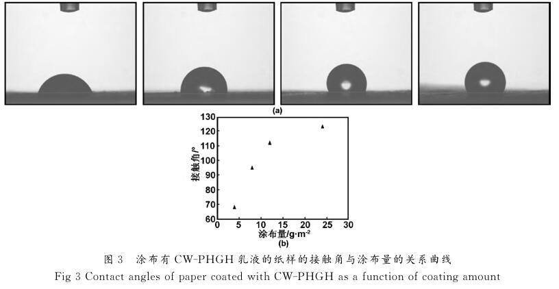 涂布有ＣＷ － ＰＨＧＨ 乳液的紙樣的接觸角與涂布量的關(guān)系曲線